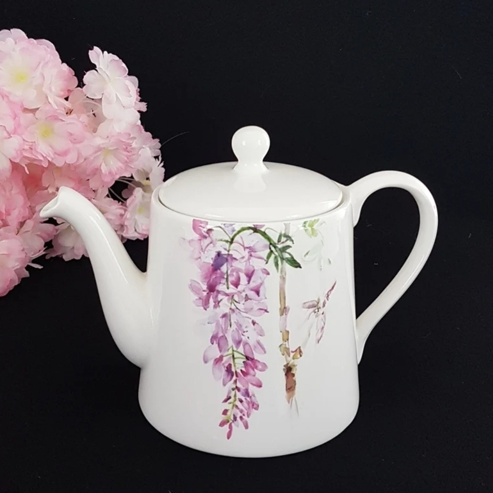 Vintage Skye McGhie DELPHINIUM Floral Teapot Purple Flowers, Fine Porcelain